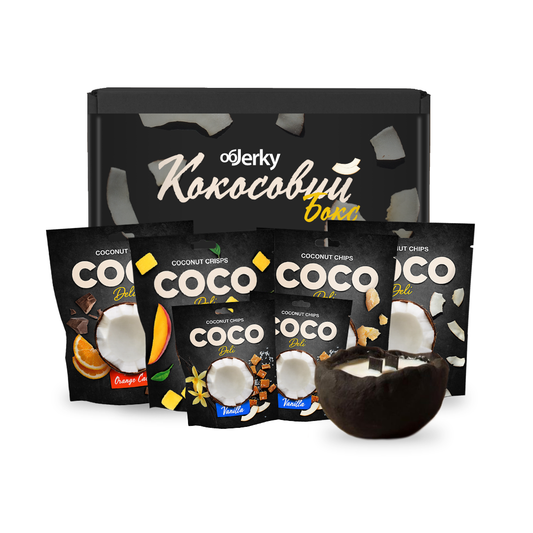 Подарунковий набір CocoDeli з 5 смаків кокосових чипсів та соєвої свічки з запахом кокосу